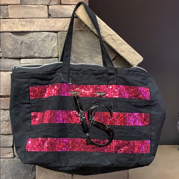 Victoria's Secret Handbags - Victoria’s Secret | Black Large Sequined Pink VS Striped Cotton Tote Bag Luggage